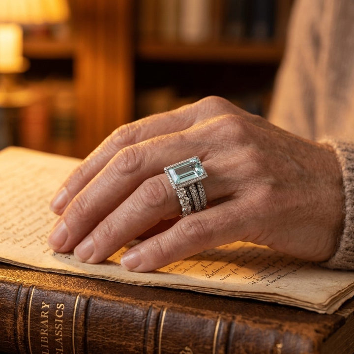 Art Deco Pave Silver Aqua Stone Ring Stack
