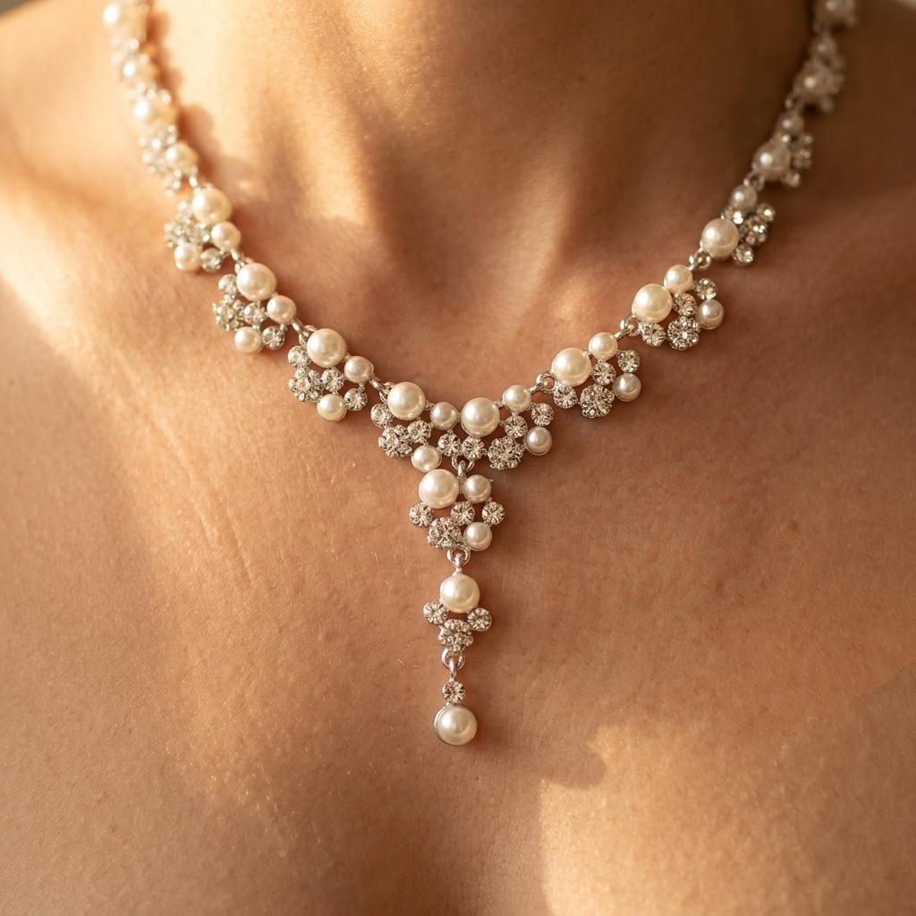 Elegante goudkleurige parel sieradenset met ketting en oorbellen