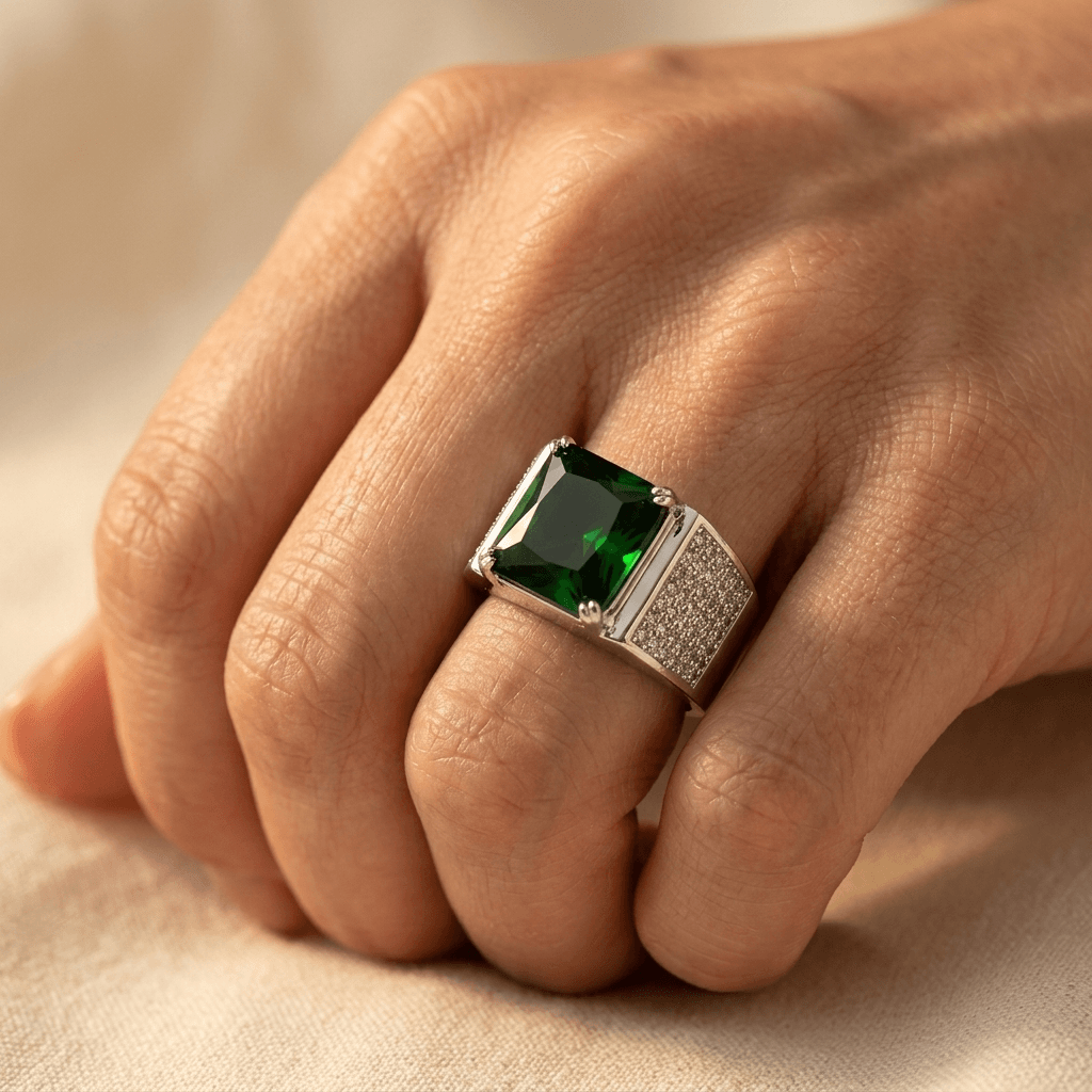 Trendy groene zirkoon statement ring voor heren