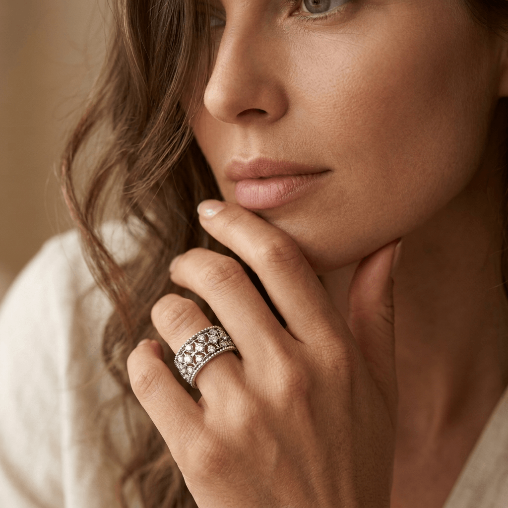 Elegante brede bloemenring met zirkonia
