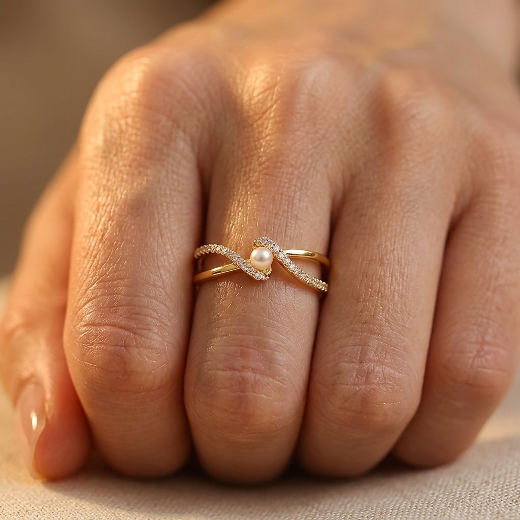 Goudkleurige gedraaide ring met parel en zirkonia