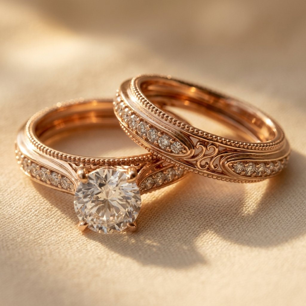 Rosé goudkleurige ronde zirkonia filigrein ringenset