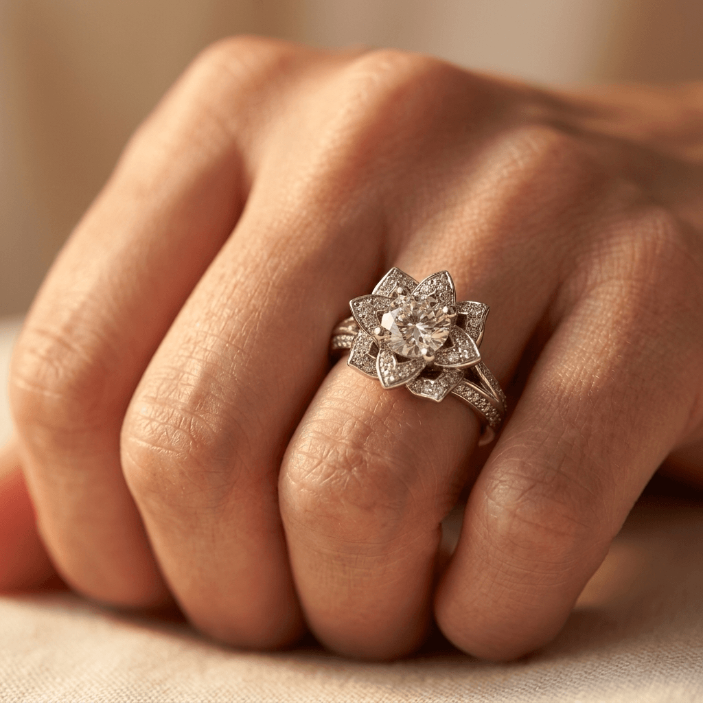 Elegante zirkonia verlovingsring met lotusbloem