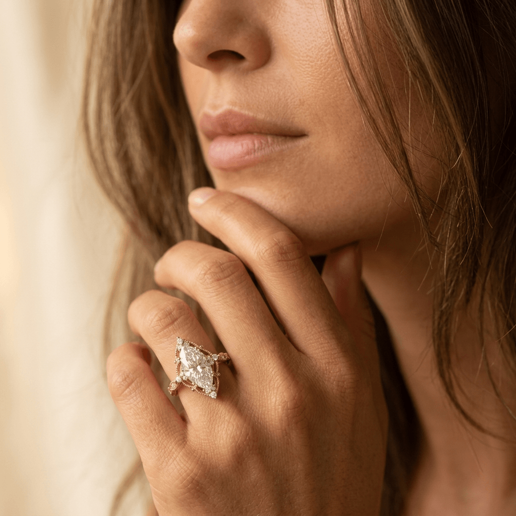 Vintage bohemien koperen ring met marquise rozenkwarts