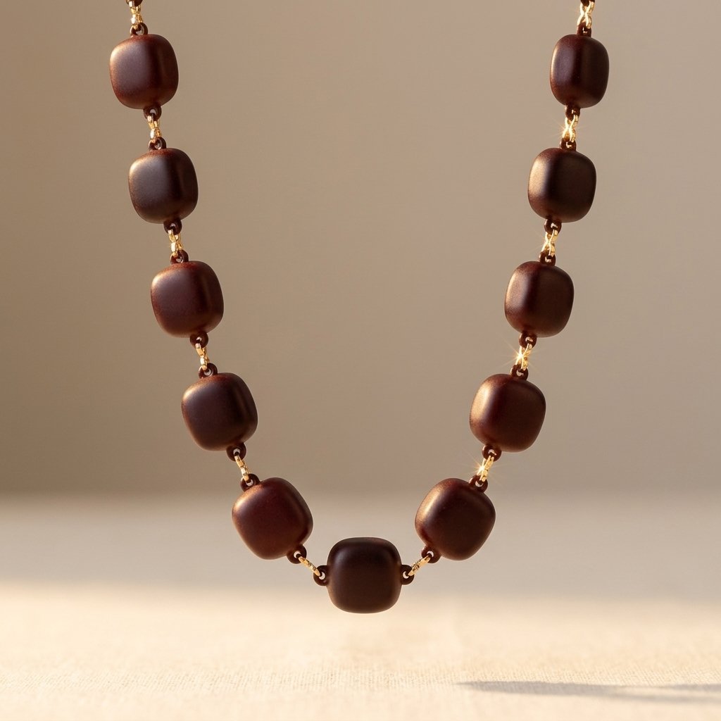 Retro goudkleurige ketting met chocoladekleurige bolkralen