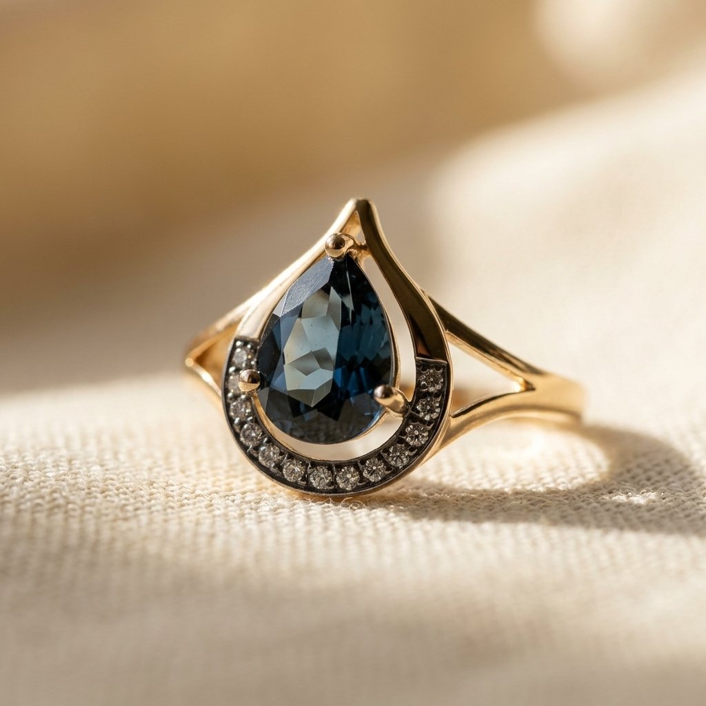Goudkleurige druppelring met London blue topaas