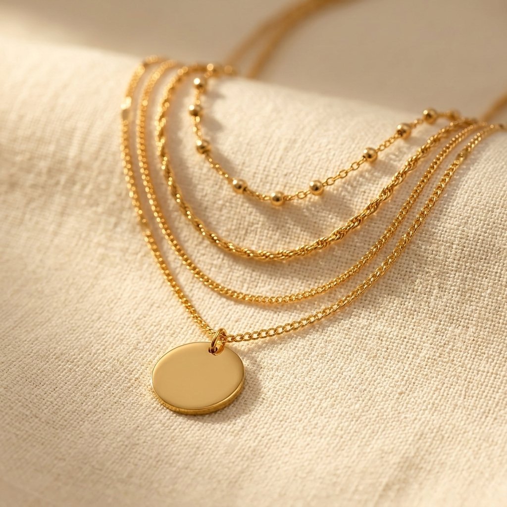 Goudkleurige gelaagde schakelketting met ronde hanger