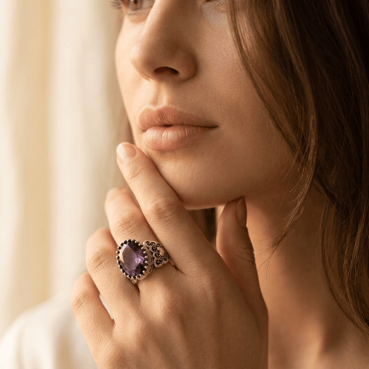 Ethnic Hand Carved Purple Zirconia Heart Ring