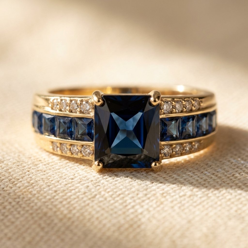 Goudkleurige cushion ring met blauwe saffier