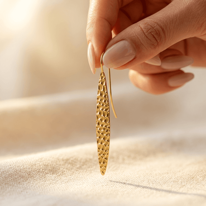 Gold Textured Long Oval Drop Earrings