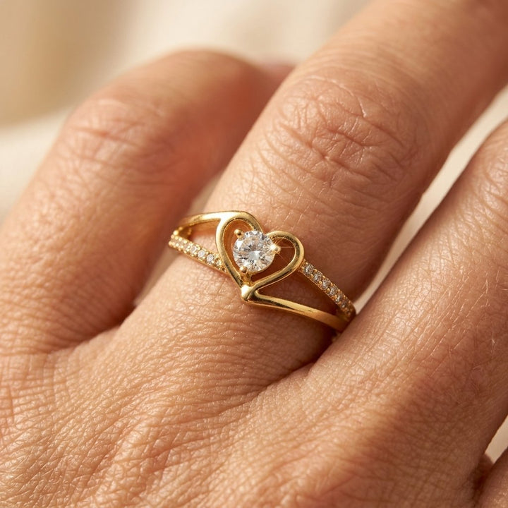 Gold Heart Shaped Round Cubic Zirconia Ring