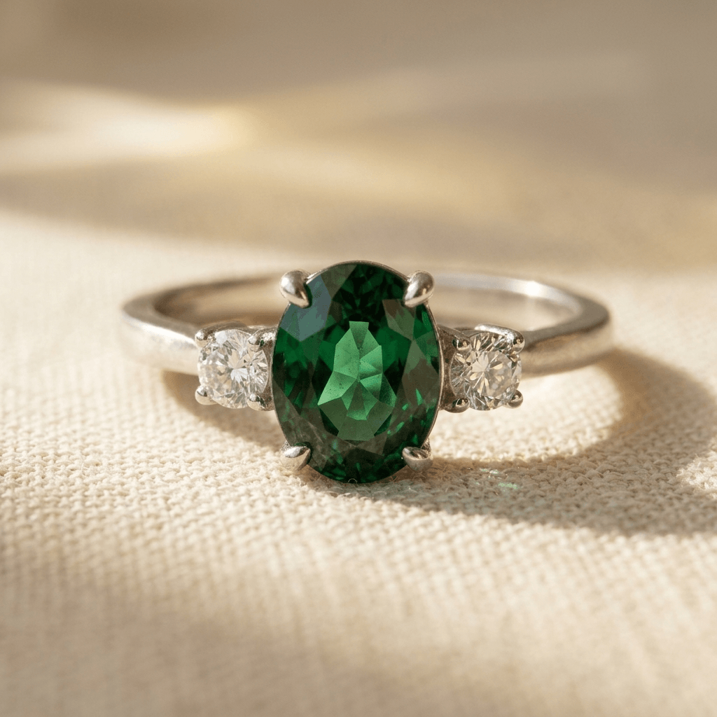 Zilverkleurige stapelring met ingelegde groene steen