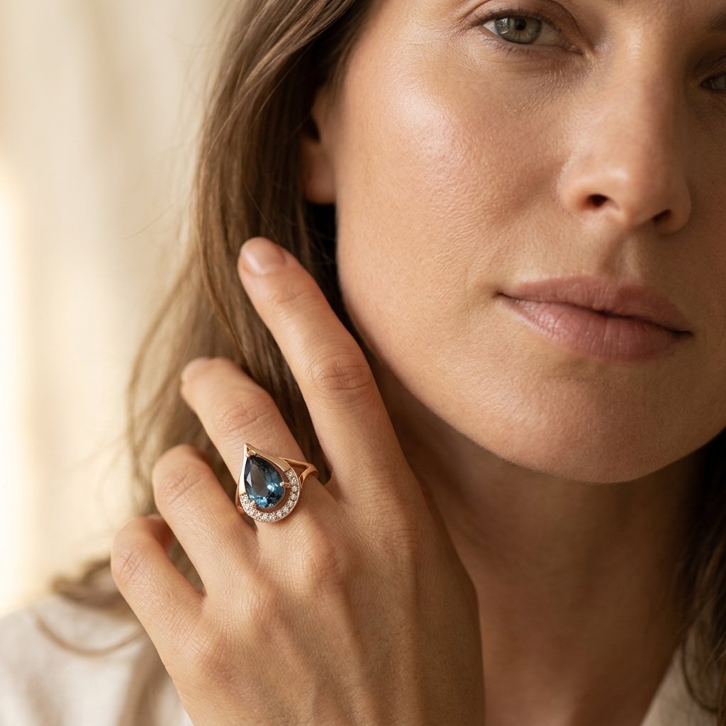 Goudkleurige druppelring met London blue topaas