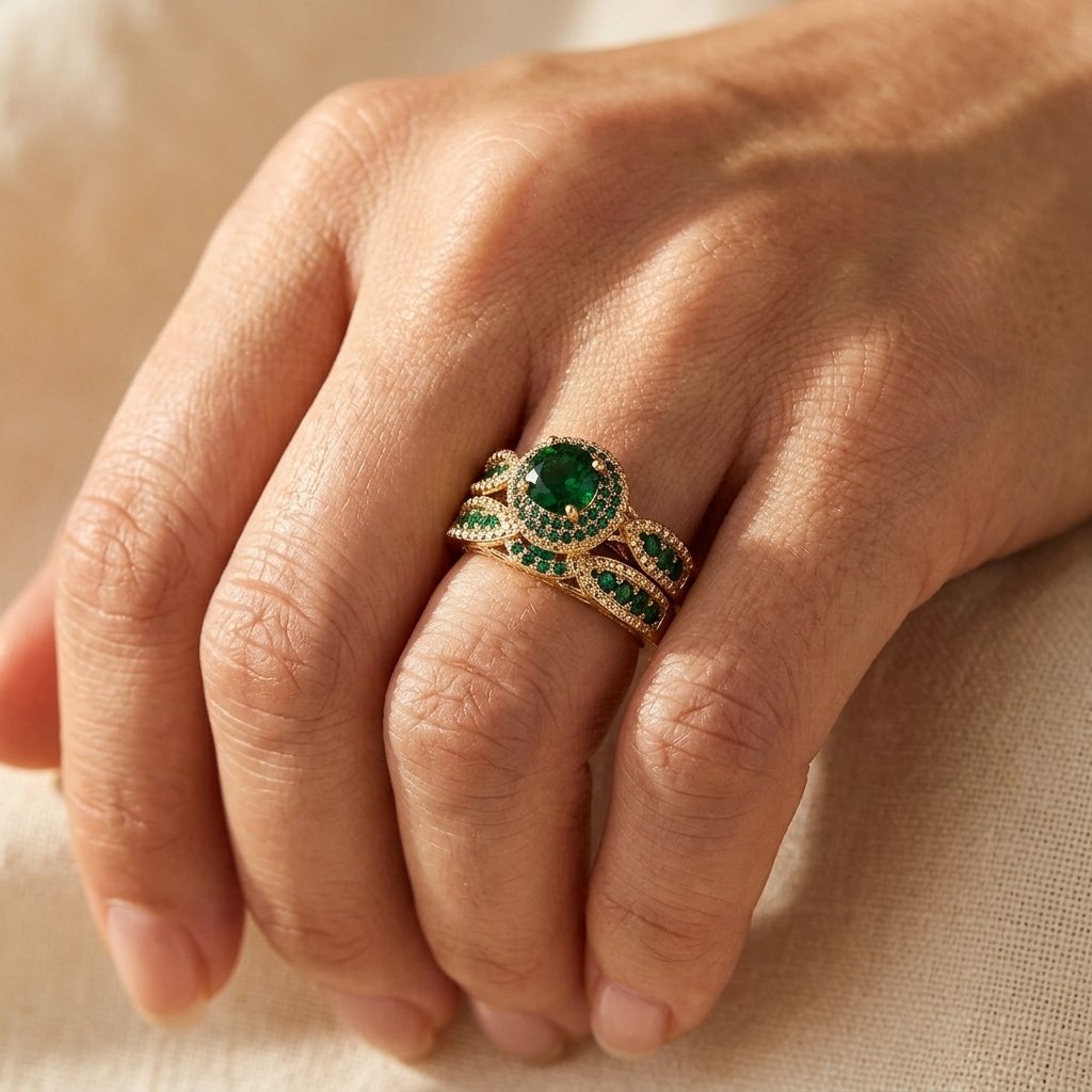Vergulde filigrein ringenset met smaragd