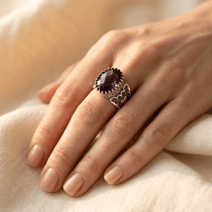 Ethnic Hand Carved Purple Zirconia Heart Ring