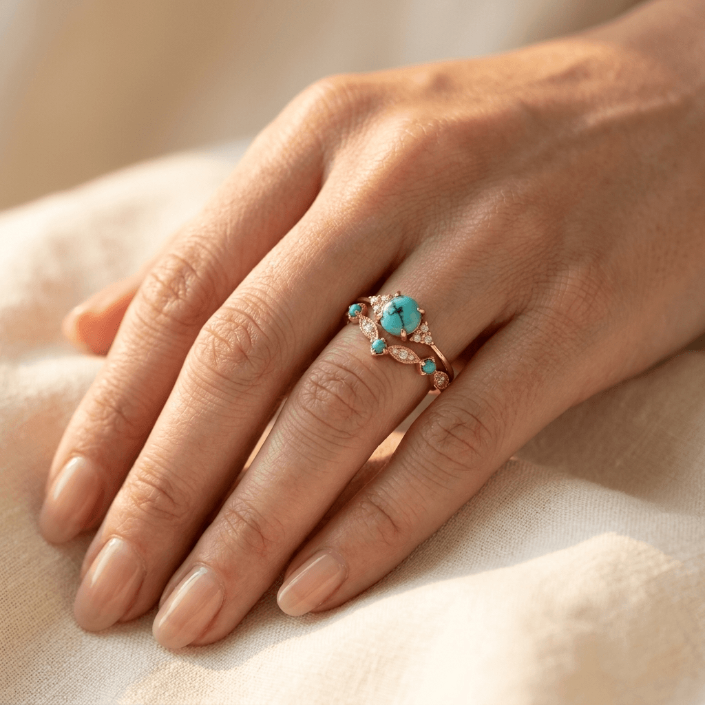 Vintage bohemien turkooizen koperkleurige ring
