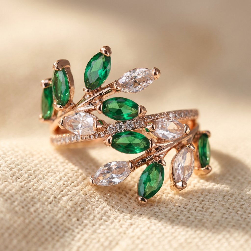 Goudkleurige bladtak ring met groen kristal