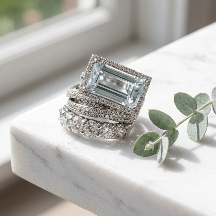 Art Deco Pave Silver Aqua Stone Ring Stack