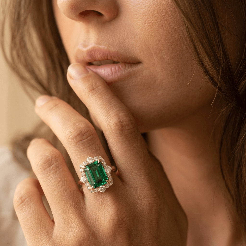 Elegante bloemenring met groene zirkonia