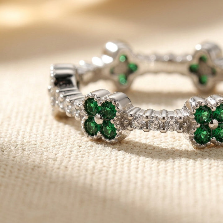 Silver Emerald Four Leaf Clover Ring