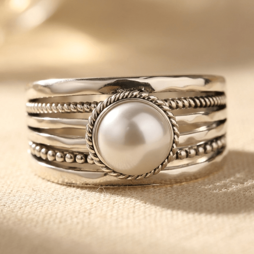 Bohemien zilverkleurige parel gedraaide statement ring