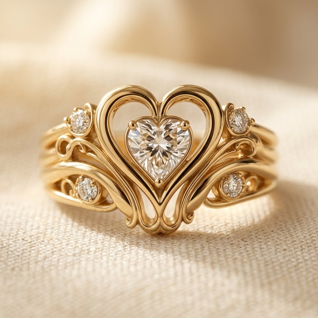 Goudkleurige filigrein hartring met diamant