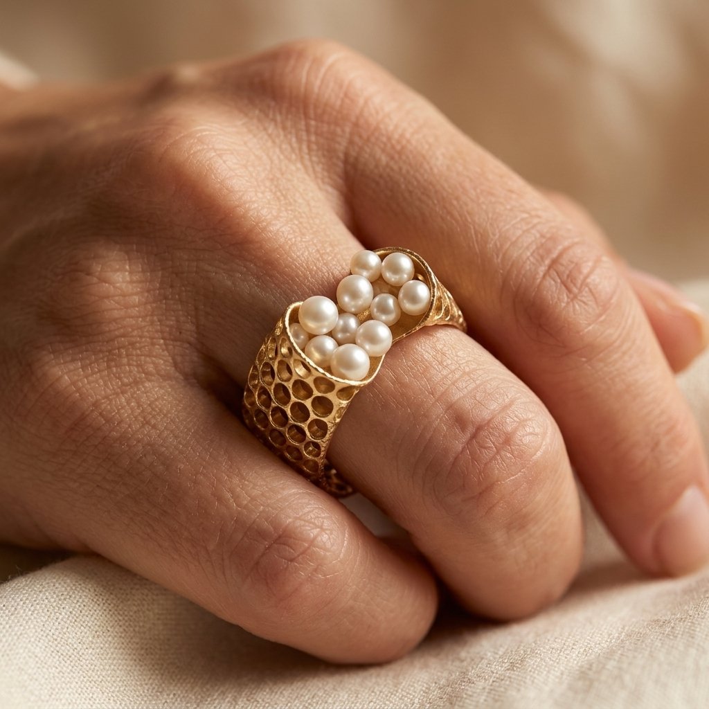 Goudkleurige filigrein ring met parelcluster