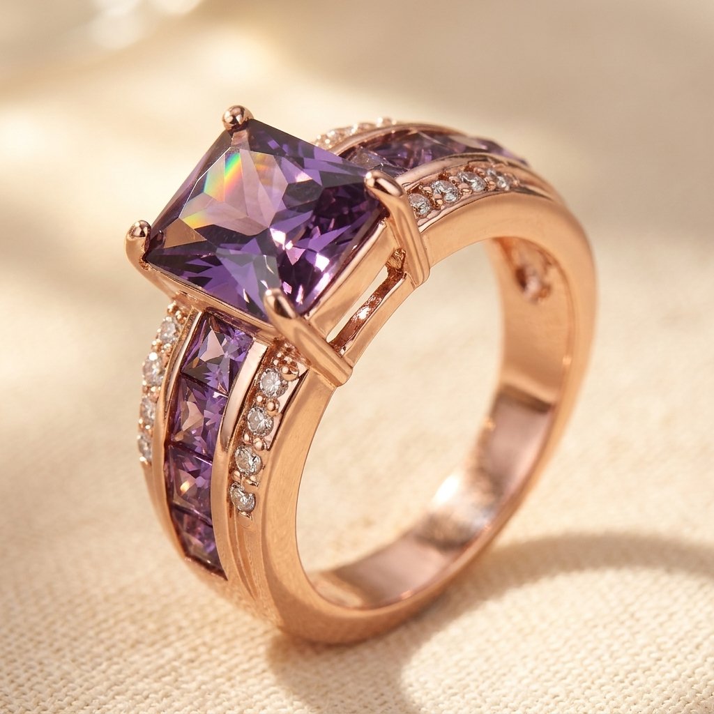 Elegante rechthoekige ring met paarse zirkonia in vintage stijl