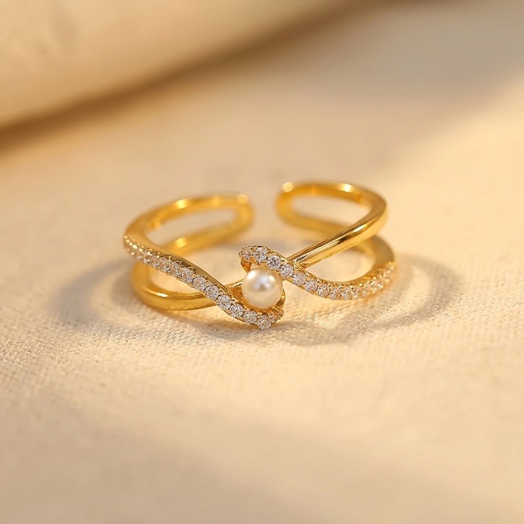 Goudkleurige gedraaide ring met parel en zirkonia