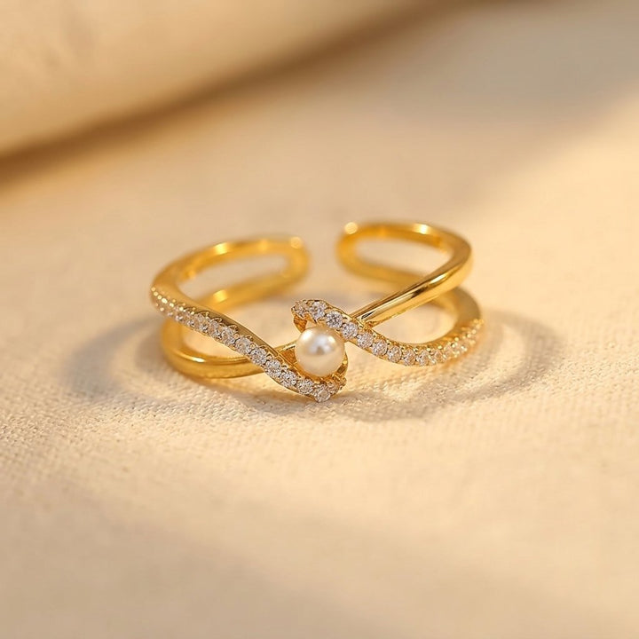 Gold Pearl Cubic Zirconia Twist Ring