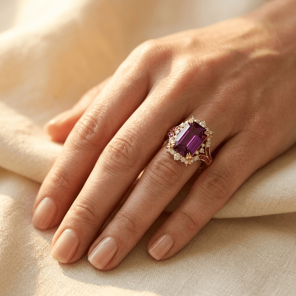 Elegante bloemenring met rode synthetische zirkonia