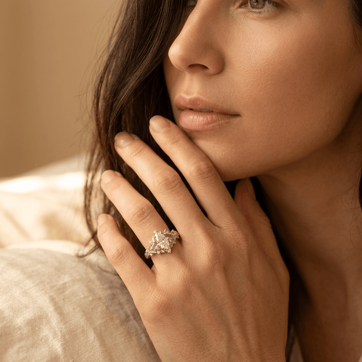 Sparkling Golden Zirconia Flower Ring