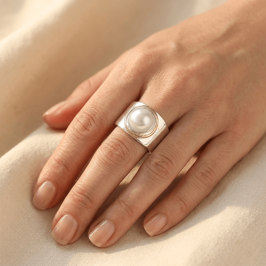 Vintage zilver- en goudkleurige statement ring met parel