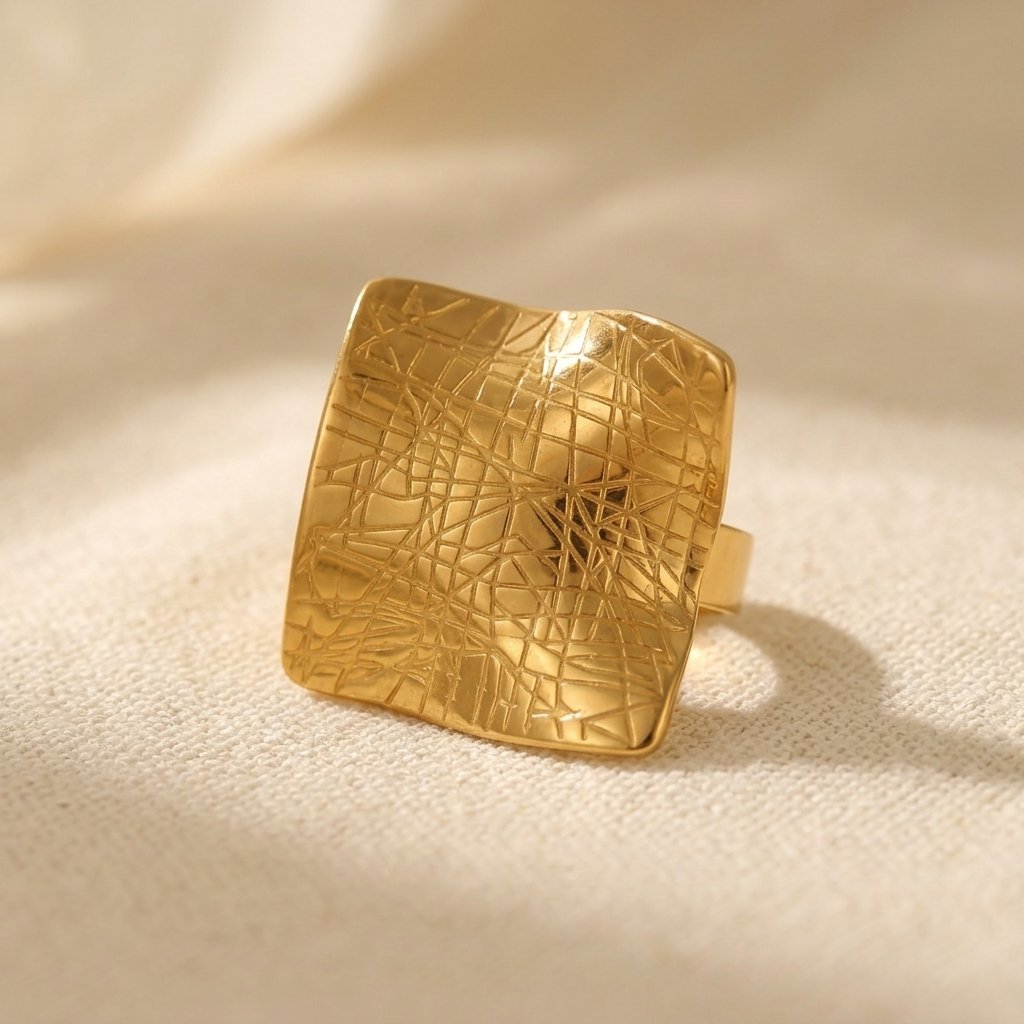 Minimalistische goudkleurige vierkante ring met textuur