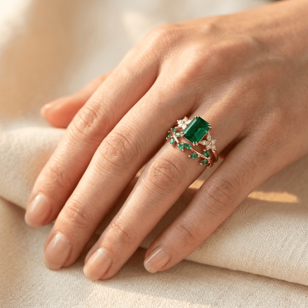 Elegante verlovingsring met groene transparante geslepen steen