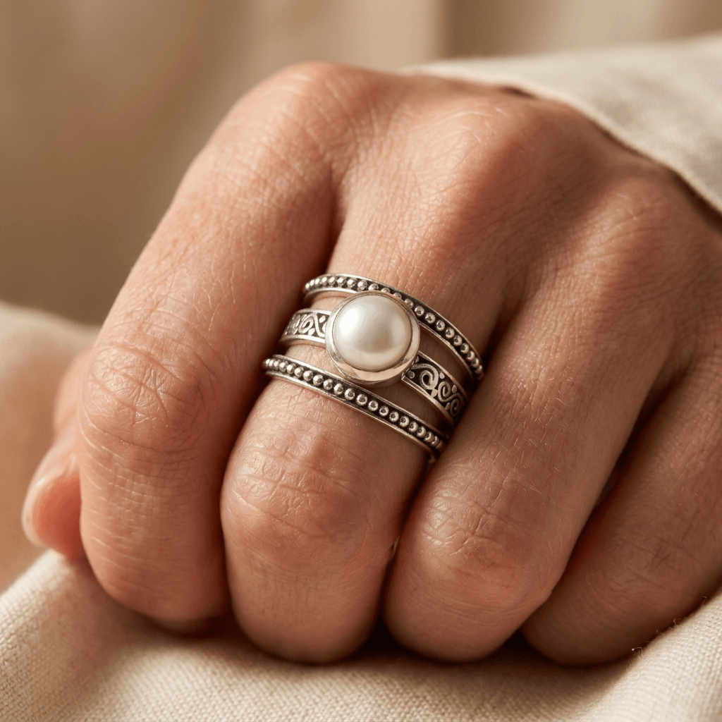 Bohemien zilverkleurige parel kralen ring