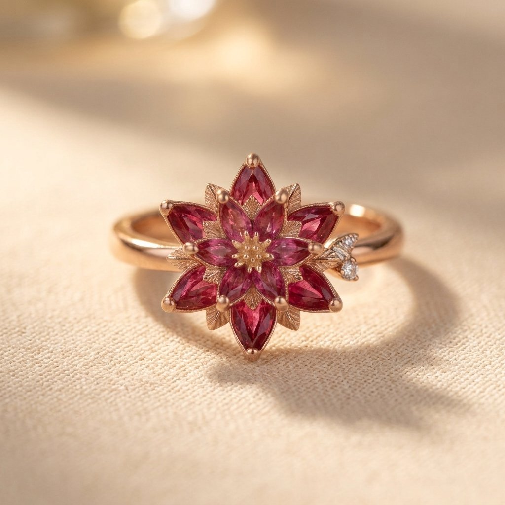 Vintage Handmade Red Cubic Zirconia Lotus Flower Ring