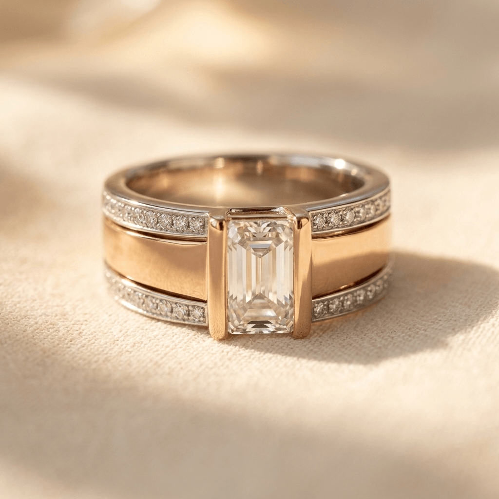 Rosé goudkleurige diamanten ring met emerald slijpsel