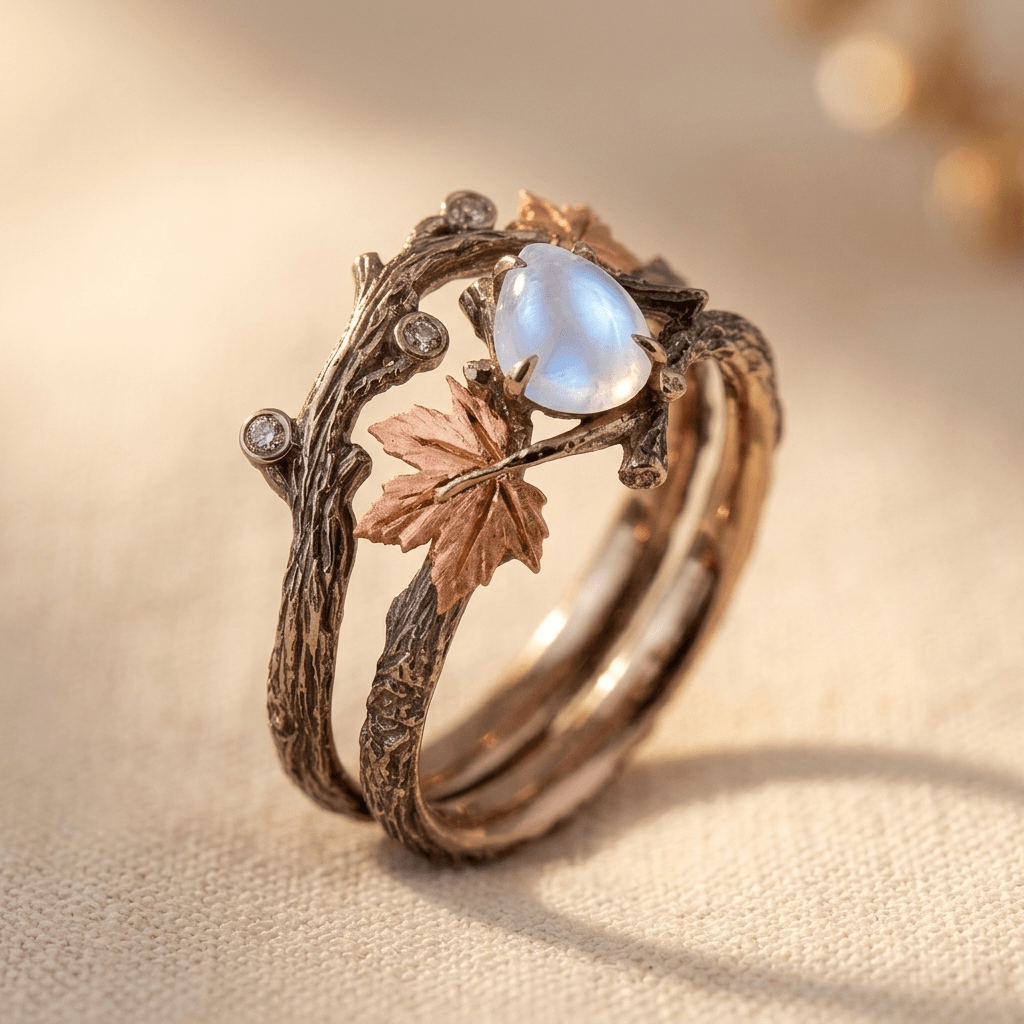 Boho vintage steen trouw- en verlovingsring