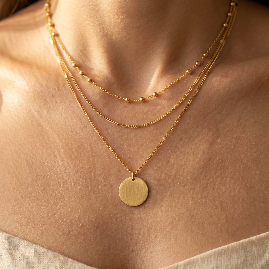 Goudkleurige gelaagde schakelketting met ronde hanger