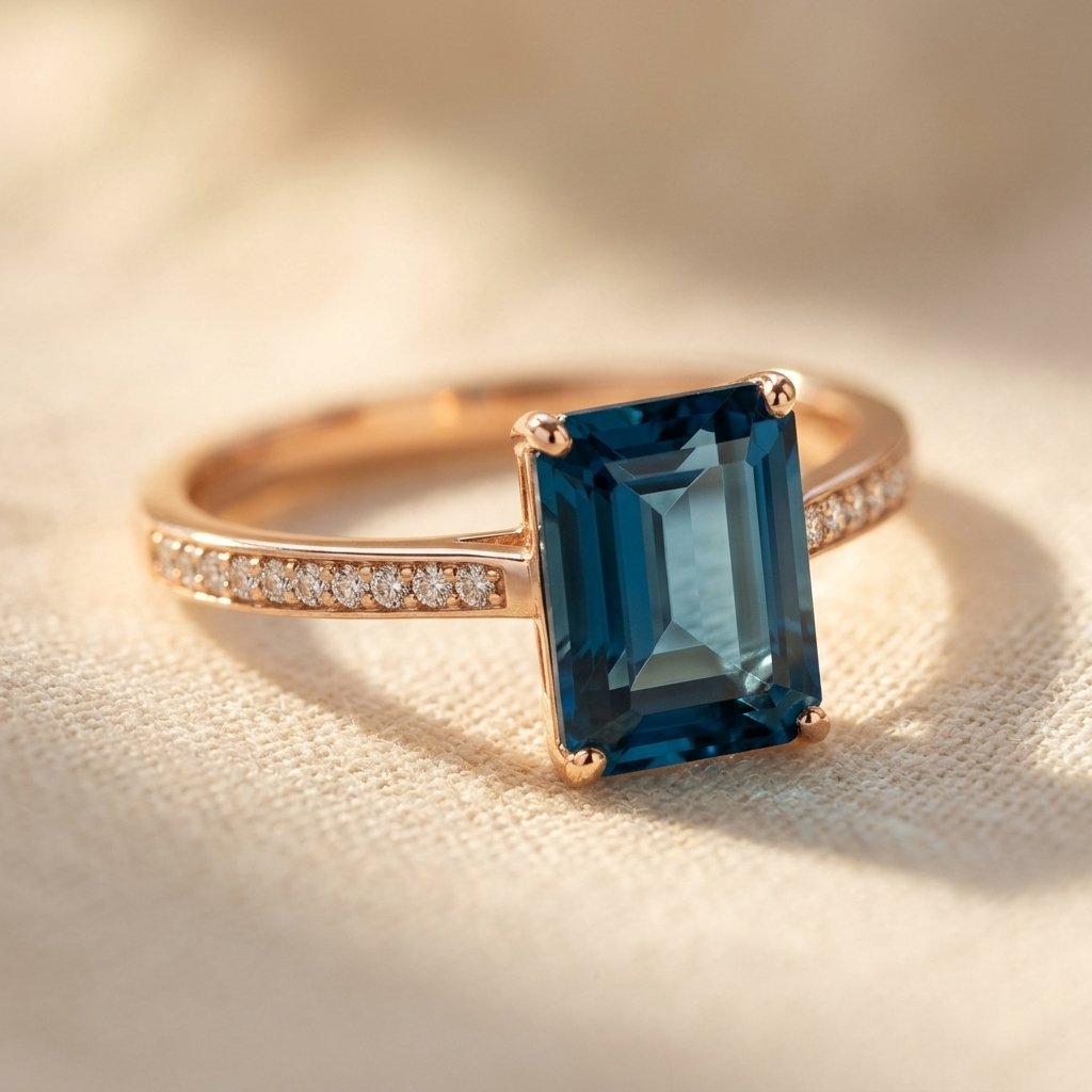 Rosé goudkleurige vierkante ring met London blue topaas