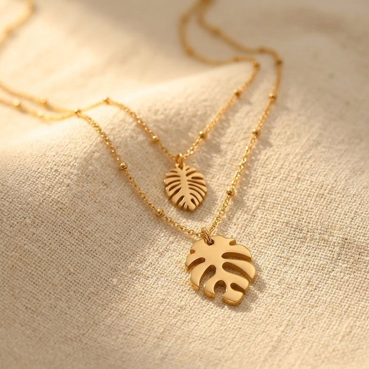 Gold Tropical Monstera Leaf Layered Necklace