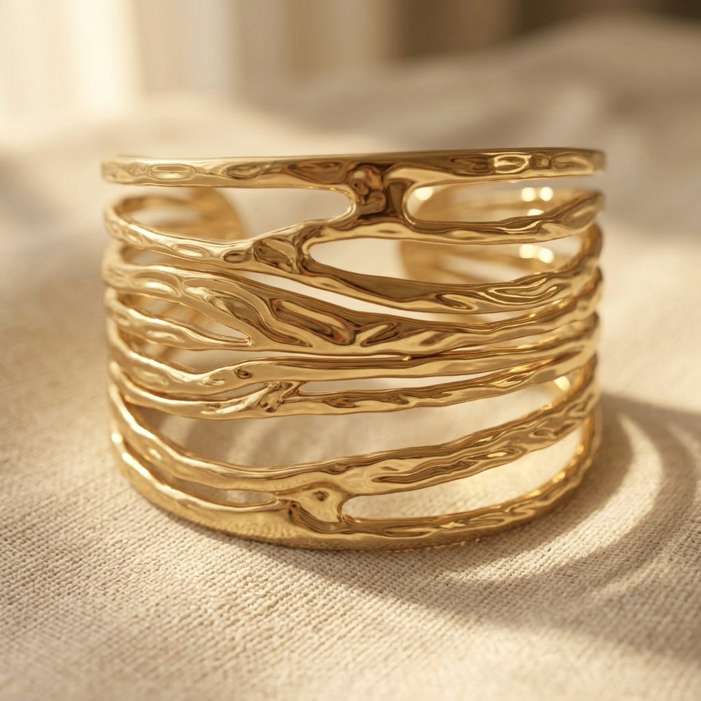 Goudkleurige cuff armband met structuur en opengewerkte golf