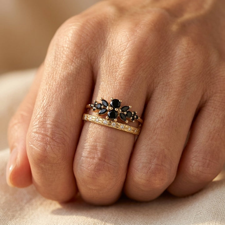 Gold Black Flower Petal Stackable Ring Set