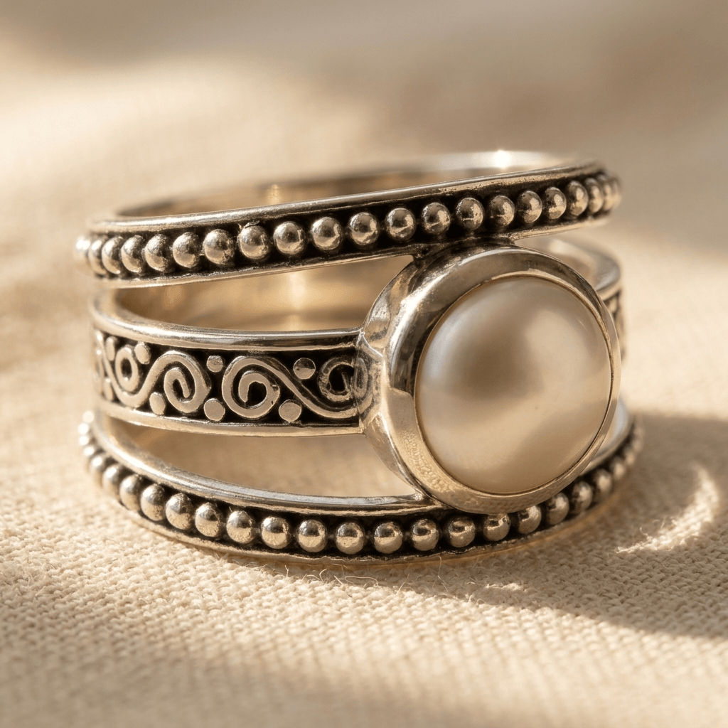Bohemien zilverkleurige parel kralen ring