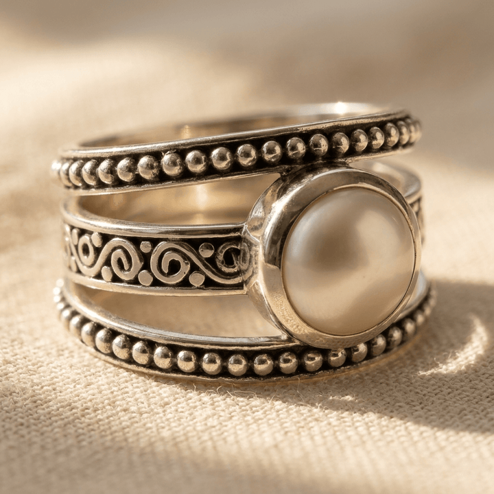 Bohemian Silver Pearl Beaded Ring