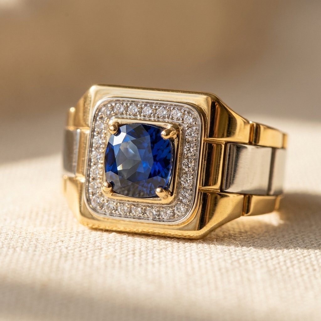Gold Sapphire Diamond Square Ring