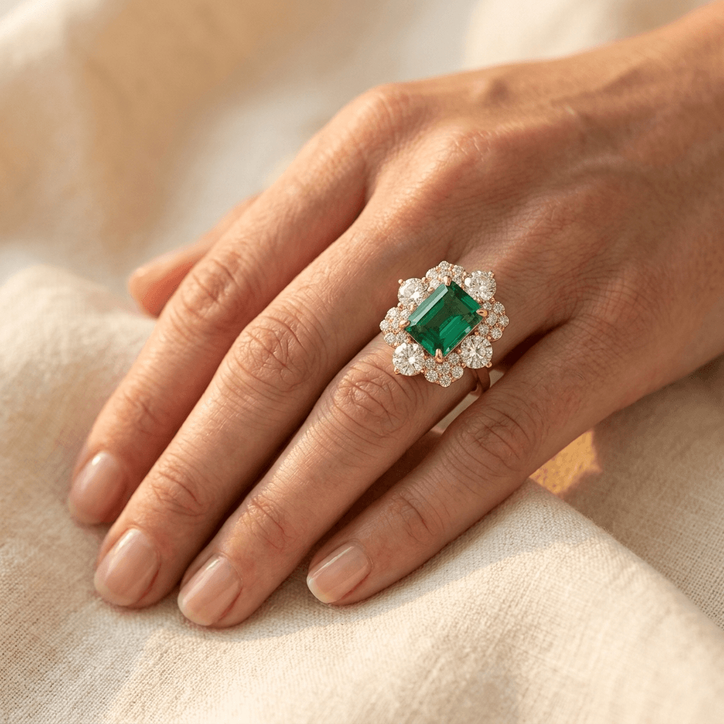 Elegante bloemenring met groene zirkonia