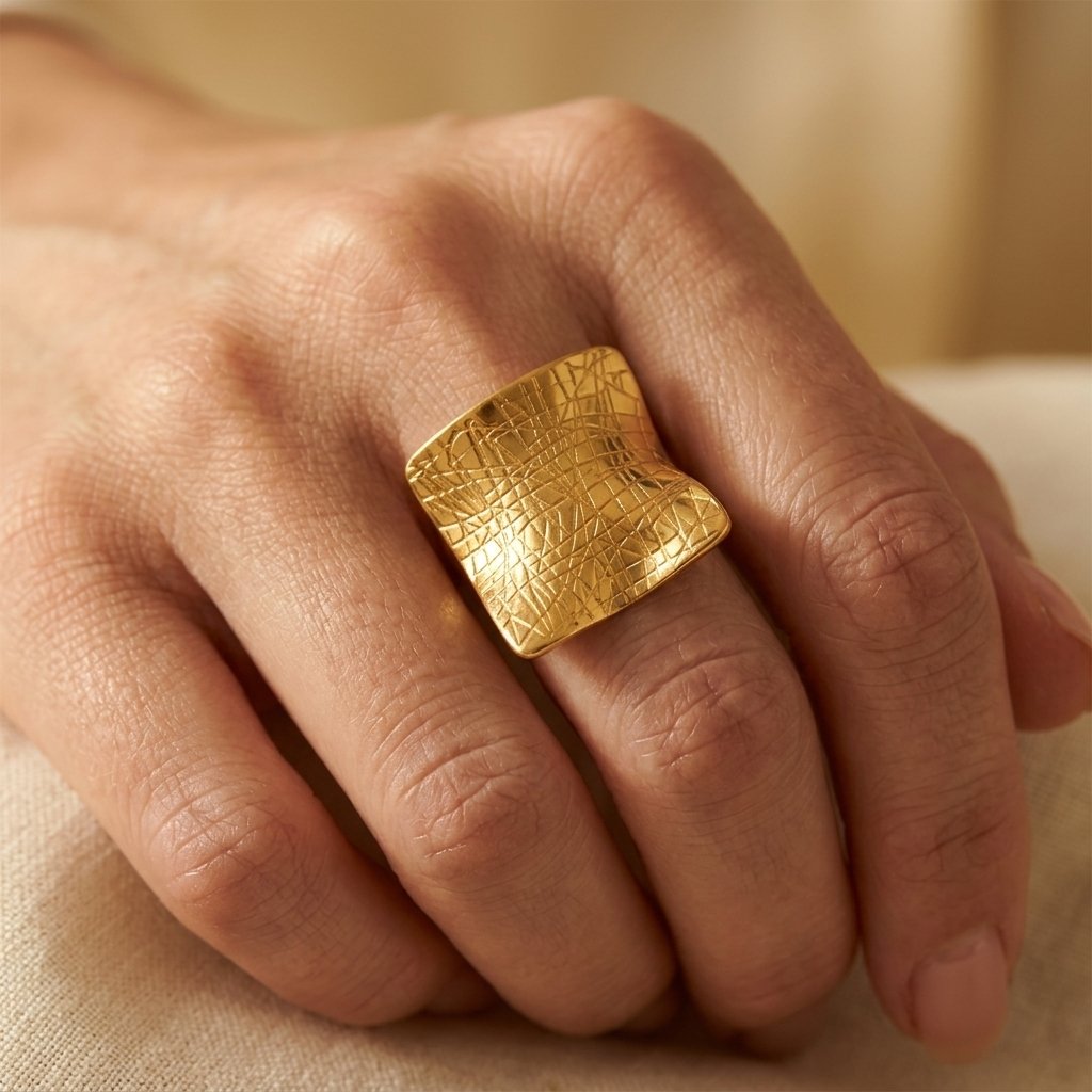 Minimalistische goudkleurige vierkante ring met textuur