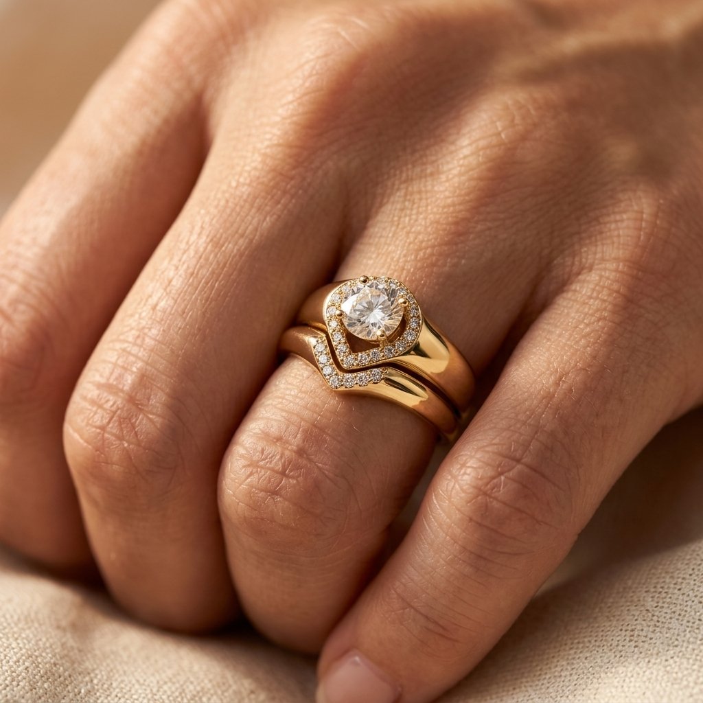 Goudkleurige hartvormige halo ringenset met diamant